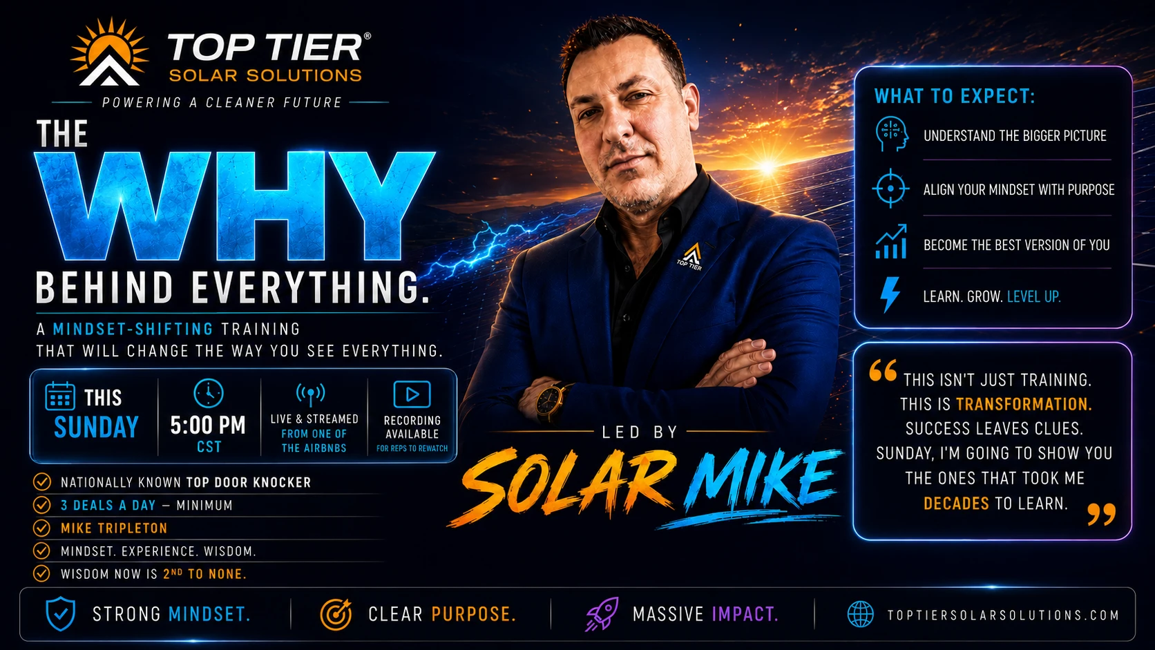 Solar sales training flyer led by Solar Mike: The Why Behind Everything